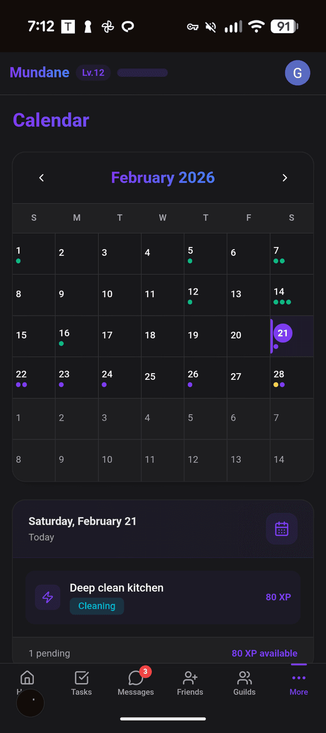 Calendar view on mobile with task distribution