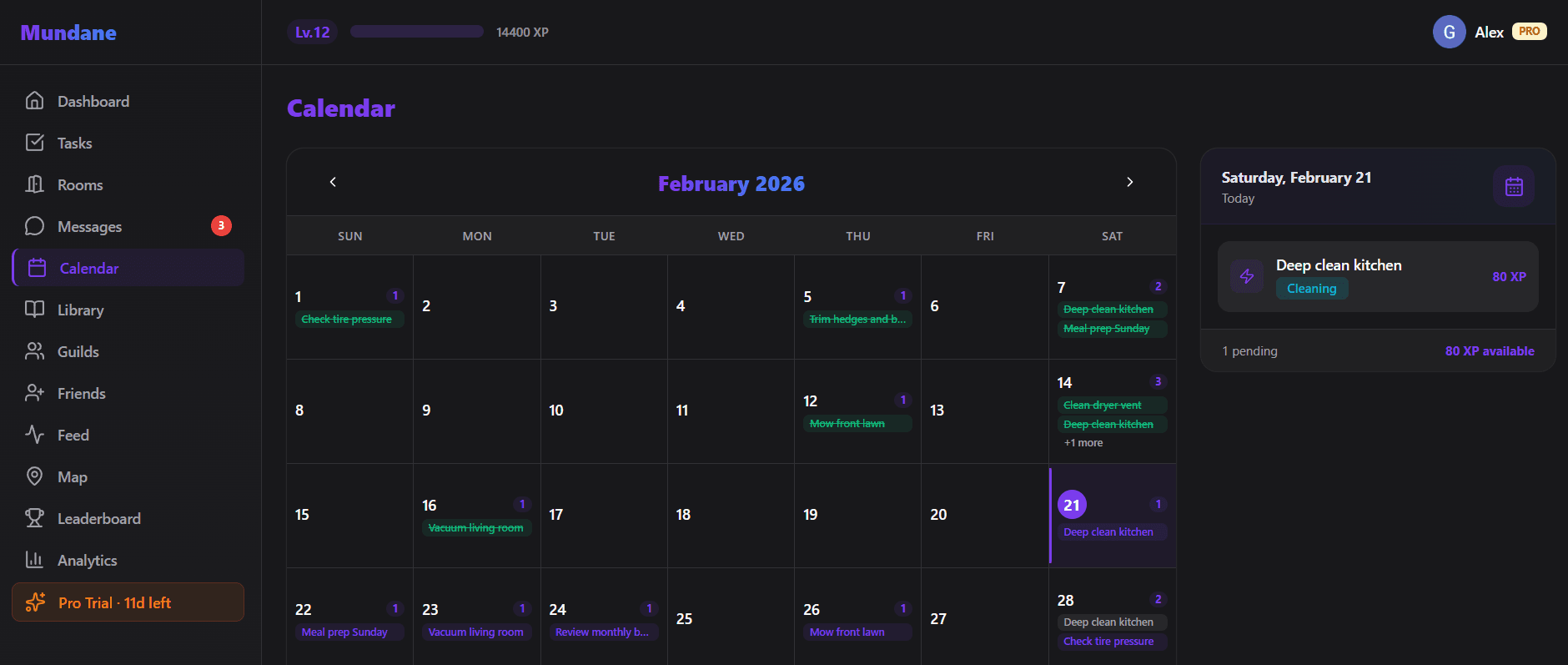 Calendar view showing tasks distributed across the month