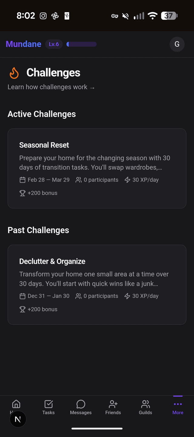 Challenges page on mobile