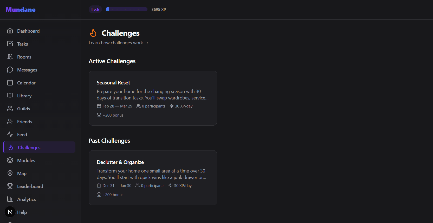 Challenges page showing active and upcoming challenges