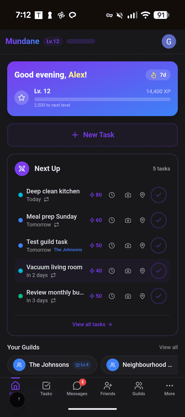 Dashboard on mobile showing tasks and XP progress