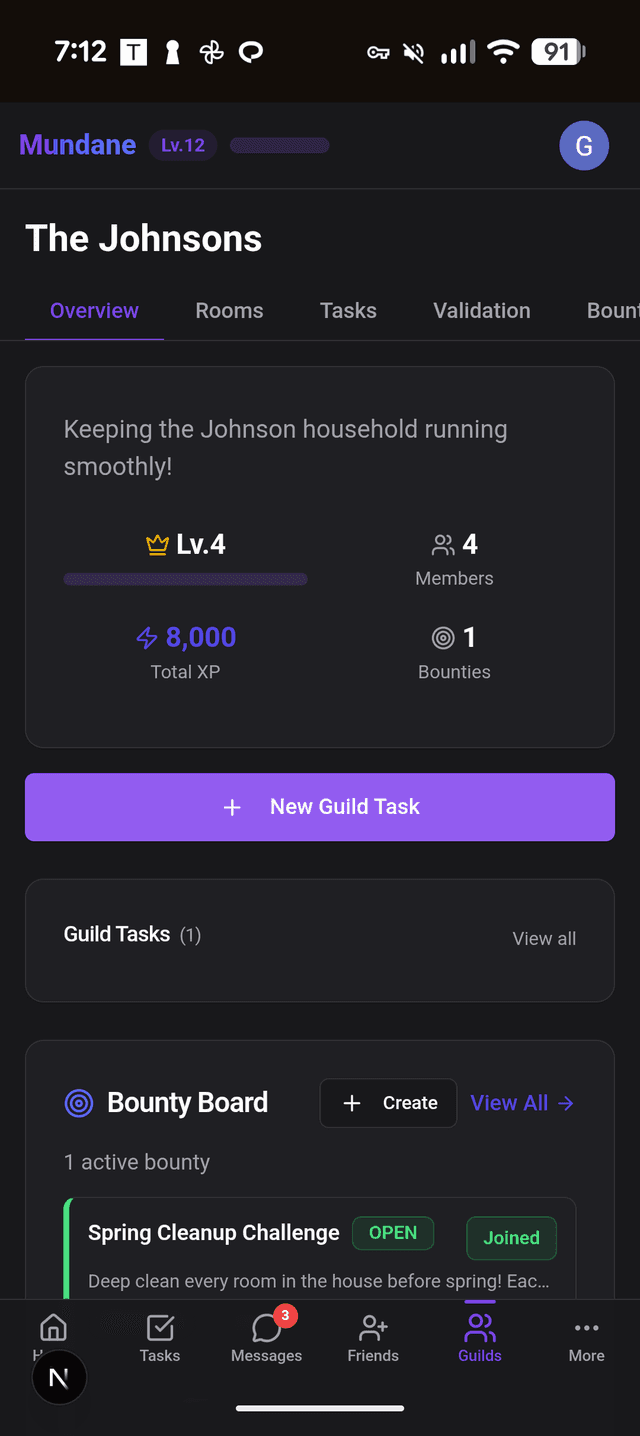 Guild page on mobile showing members and tasks