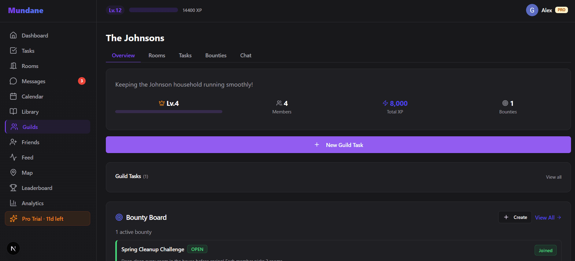 Guild page showing family members and shared tasks