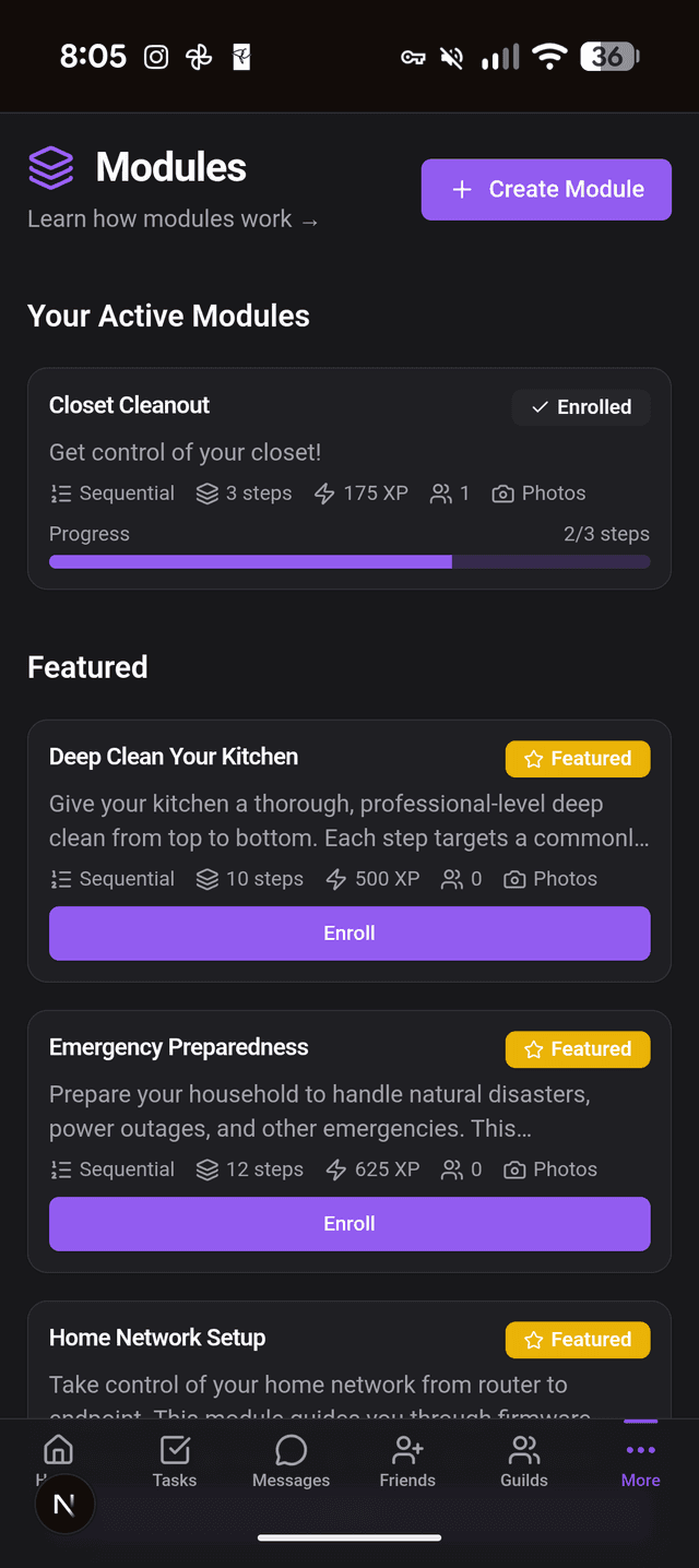 Modules page on mobile