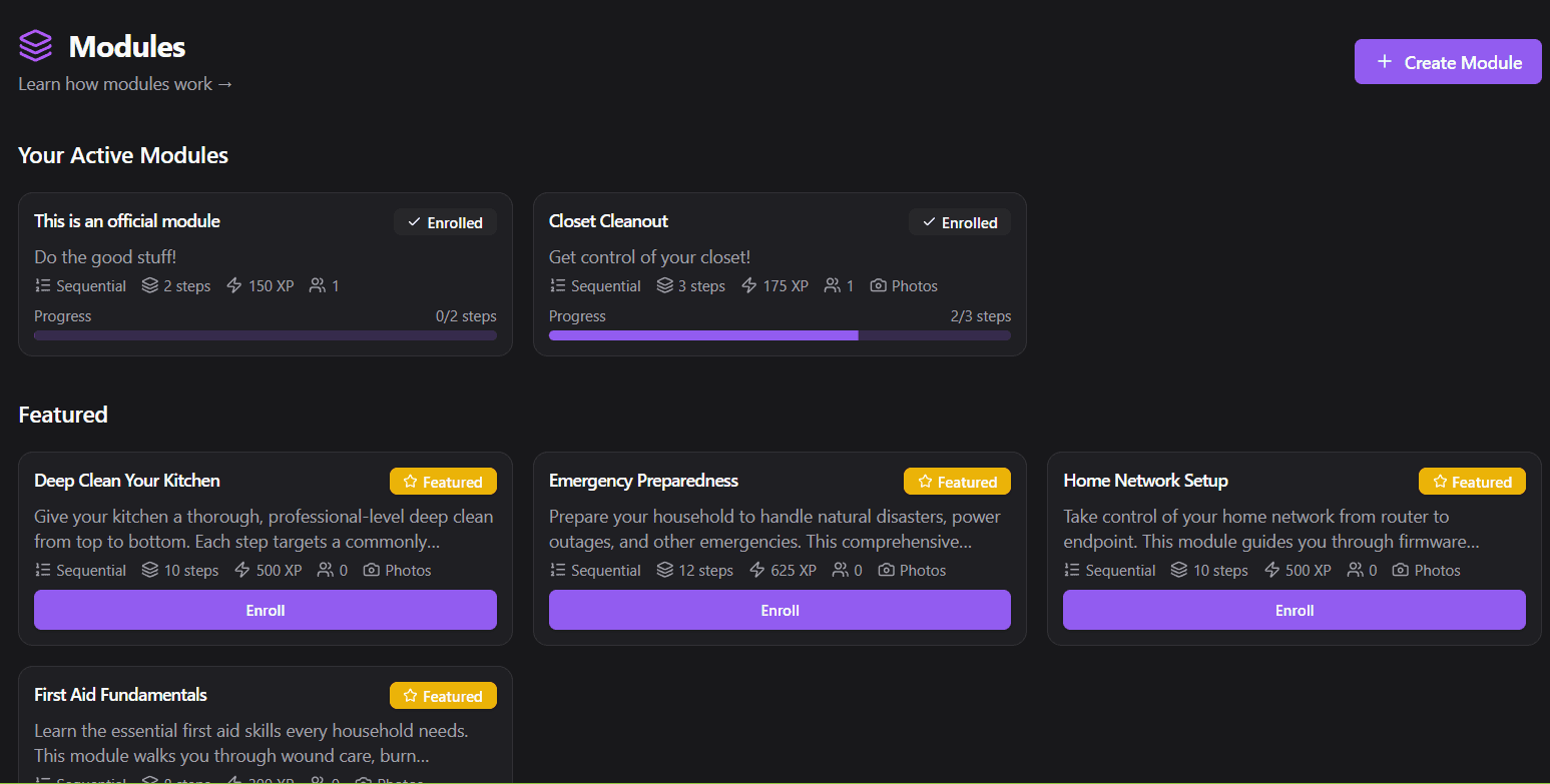 Modules page showing available learning modules