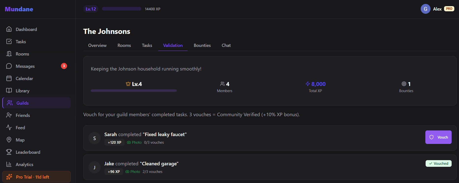 Validation queue with photo proof and vouch buttons
